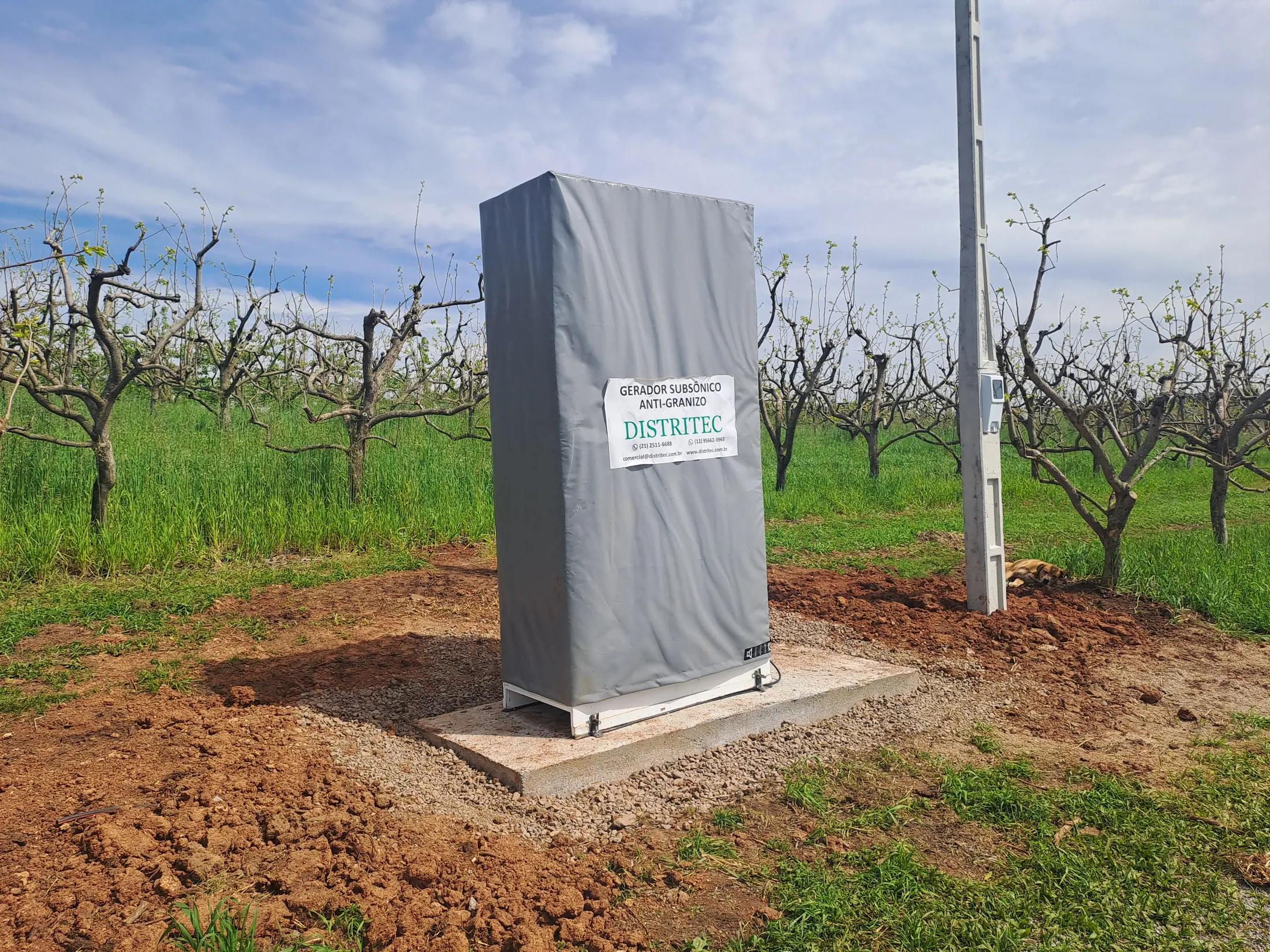 Gerador subsônico DGS-AG com cobertura cinza instalado em um pomar